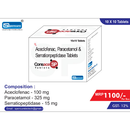 Aceclofenac 100 mg + PCM 325 mg + Serratiopeptidase 15 mg Tablets